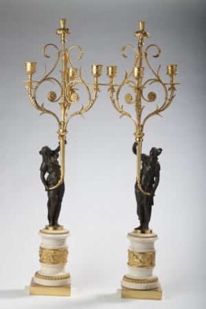 A Pair of Louis XVI Ormolu‚ Patinated Bronze and Marble Four-Light Candelabra